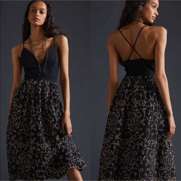 Anthropologie Dresses & Skirts - Anthropologie Maeve Eyelet Side Slant Pockets Black Gold details Midi Dress M